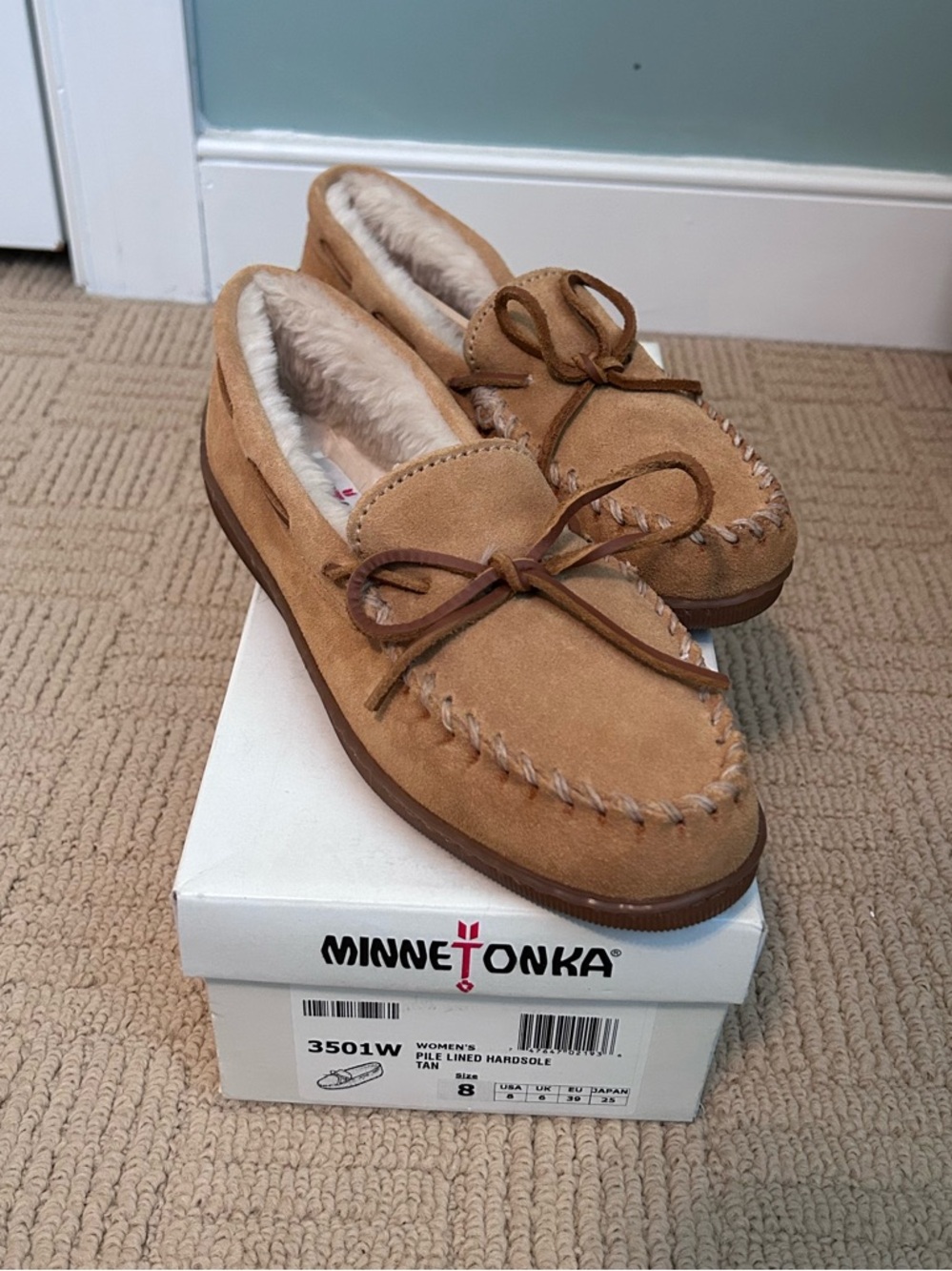 Minnetonka Chestnut Suede Fleece-Lined Moccasins with Bow